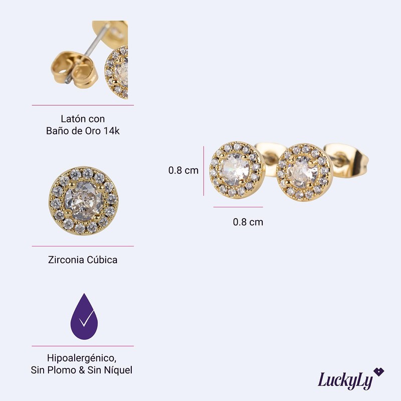 LuckyLy Aretes de Oro 14k para Mujer con Zirconia Cúbica