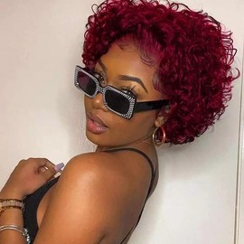 ROYAL IMPRESSION Hair 99J# Short Curly Lace Front Wigs Human Hair Pixie Cut Wig for Black Women 13x1 HD Transparent Pixie Cut Curly Lace Front Wigs Human Hair 150% Density Pre Plucked Glueless Pixie Cut Human Hair Wigs Burgundy - Size: 99J