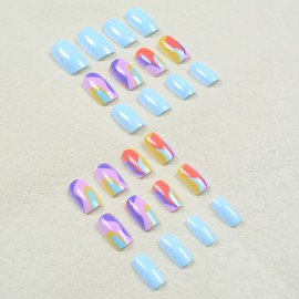 Short Press on Nails Square Fake Nails Blue False Nails with Design Mixed Color Swirl Glue on Nails Cute Acrylic Nails Full Cover Stick on Nails Colorful Artificial Nails for Women Manicure Set 24Pcs