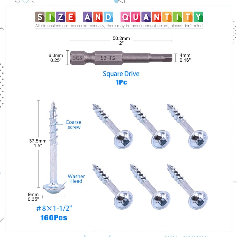 Glarks 160Pcs Pocket Hole Screw Set 8 Size Square Drive