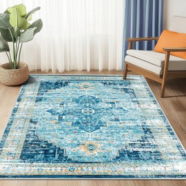 ANSSO 4x6 Washable Area Rug, Ultra Soft Vintage Faux Wool Rug, Pets & Kids Friendly Carpet for High Traffic Living Room, Office, Entryway Aqua