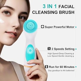 Cepillo de limpieza facial, exfoliante impermeable de doble rotación con 3 cabezales de cepillo y 2 velocidades ajustables, cepillos faciales exfoliantes recargables para limpieza y cuidado de la piel
