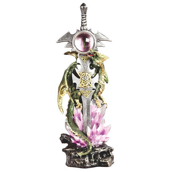 ICE ARMOR 13" H Green Dragon with Sword Statue Fantasy