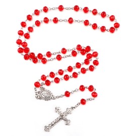 Catholic Rosary Red Crystal Beads Rosaries Necklace with with Miraculous Medal Cross Crucifix Rosaries Communion Rosary (Red)