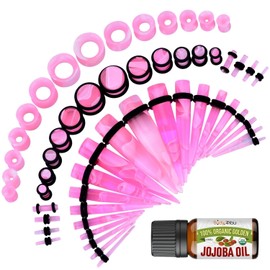 BodyJ4You 48PC Ear Stretching Kit - 14G-00G Beginner Gauges - Aftercare Jojoba Oil - Pink Clear Marble Acrylic Plugs Tapers Silicone Tunnels - Lightweight Expanders Men Women