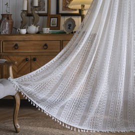 Deeprove - Cortinas bohemias de ganchillo de 84 pulgadas de largo para recámara, encaje de punto bohemio con borlas hechas a mano, clásico semitransparente a rayas, tratamiento retro de ventana, 1