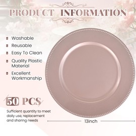 REWOMC 50 Pcs Rose Gold Charger Plates Bulk, 13" Round Beaded Plate Chargers, Decorative Dinner Chargers Plastic Table Chargers for Wedding Holiday Party Baby Shower Event Decoration (Rose Gold)