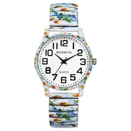 JewelryWe Elastic Watches for Women: Easy Read Analog Quartz Stretch Band Watch Floral Expansion Band Wristwatch
