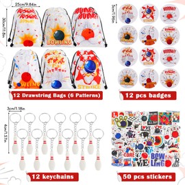 Sweetude 140 Pcs Bowling Party Decorations Bowling Party Favors Bags Keychain Ballpoint Pen Stickers Mini Notepads Silicone Wristband Badge Pencil for Bowling Birthday Party Supplies School Prizes