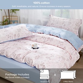 SAPHREAS Botanical Floral Duvet Cover Set Queen Size 3pcs Garden Style Blue Pink Leaves Bedding Comforter Cover Set Cotton Soft 1 Duvet Cover 2 Pillow Shams, Comforter Not Included
