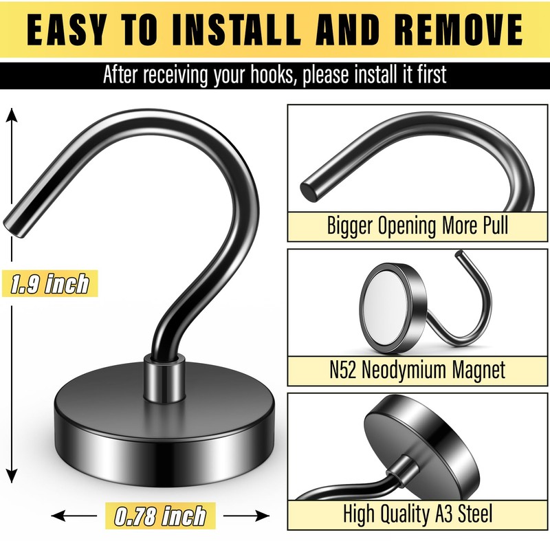 FINDMAG 6 Pack Black Strong Magnetic Hooks, 40lbs+ Heavy Duty