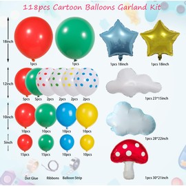 118Pcs Red Blue Yellow Green Rainbow Circus Balloons Garland Arch Kit With Star, Mushroom, Cloud Balloons, For Baby Shower, Birthday Decoration, Cartoon & Video Game & Carnival Themed Parties