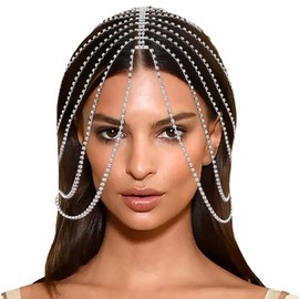 Urieo Crystal Masquerade Mask Chain Silver Layered Face Chain Crystals Head Chain Shiny Hair Accessories for Women