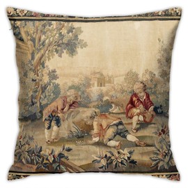Aubusson Antique French Tapestry Print Throw Pillow Covers 18"X18" Cozy Velvet Square Throw Pillowcases Home Decor For Bed Couch Sofa Living Room Cushion Cover