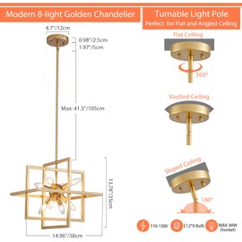 Majhoiw 8-Light Farmhouse Pendant Lights, Modern Gold Geometric Chandelier Ceiling Lighting Fixtures for Kitchen Island, Living Room, Dining Room, Bedroom, Hallway