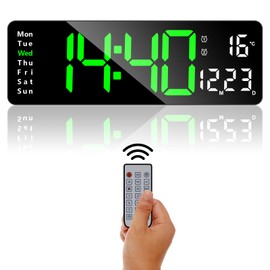 ALEENFOON Digital Wall Clock, 13" Large Digital Clock with Remote Control, Digital Alarm Clock with 2 Alarms/Temperature/Date/Time/Adjustable Brightness/Countdown for Home, Gym, Office(Green)