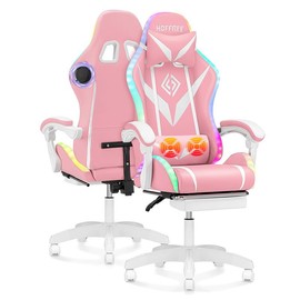 christmas gifts Gaming Chair with Bluetooth Speakers and RGB LED Lights Ergonomic Massage Computer Gaming Chair with Footrest Video Game Chair High Back with Lumbar Support Blue and Black - Color: Pink+white