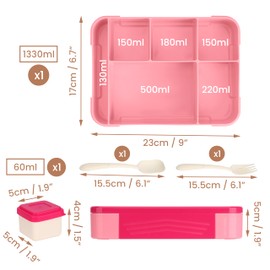 Belle Vous Brotdose Rosa mit 6 Fächern & Besteck - 1330 ml Auslaufsichere Bento Box - Lunchbox Mikrowellengeeignet & Spülmaschinenfest - BPA-Freie Mittagessen Box für Schule, Büro & Unterwegs