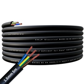 SHPELEC® FLEXIBLE Black Cable 3183Y 0.75mm, 1.0mm, 1.5mm, 2.5mm BASEC Approved Black PVC LED Lighting 5m 10m 15m 20m 50m (1.5mm 3 Core - 5metres)