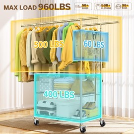 FYBEE 100% Stainless Steel Heavy Duty Clothes Rack, Load 960LBS, Double Rod, Extendable Rolling Garment Rack with Shelves, Modern Style, Recommended for Clothes & Accessories