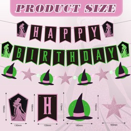 VitalCozy Witch Theme Happy Birthday Banner, Pink and Green Birthday Hanging Banner Witch Princess Backdrop Decorations for Women Movie Theme Party Decor