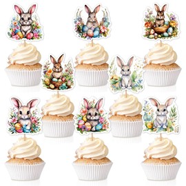 keonsatrz Easter Cupcake Topper 16PCS Watercolor Floral Easter Bunny Cupcake Topper Happy Easter Cupcake Topper for Easter Spring Party Supplies Rabbit Party Supplies