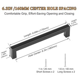 30 Pack Square Cabinet Pulls, 6.3 Inch Hole Center Matte Black Kitchen Cabinet Handles Drawer Pulls, Stainless Steel Cabinet Hardware Kitchen Handles