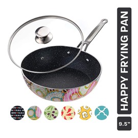 KITCHENLY Happy Frying Pan & Lid - Nonstick Pan, Deep Nonstick Frying Pan Stone Cookware - Oven, Electric, Gas, and Induction Compatible - 9.5 inch