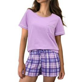 Irdcomps Women's Pyjamas Short Summer Cotton Sleepwear Sexy Pyjamas Set Short Sleeve with Shorts Checked, Lila_1, L