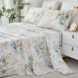Usfivefam Floral Sheet Set King, Green Leaves Pattern Sheet Gloden Leaves Printed Sheet Set with 17.5" Deep Pocket, 4Pcs Soft Microfiber White Botanical Vintage Floral Sheet for King Size Bed