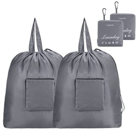 GOGOODA Travel Laundry Bags with Drawstring Closure XL Large Foldable Dirty Clothes bags with Handle Heavy Duty and Washable for College Dorm Travelling Camping, 2 Pack, Grey