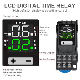 GUETNEU LCD Digital Display Time Relay, Time Control Delayer, Dual Time with Plug-in Terminal Socket, 14-Pin 110 VAC 4PDT Time Delay Relay (H3Y-4)