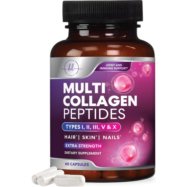 Multi Collagen Peptides, Hydrolyzed Collagen Protein for High Absorption, Type I, II, III, V, X Gluten Free, Radiant Hair, Skin, Nails & Joint Support, Collagen Pills Supplement Non-GMO - 60 Capsules