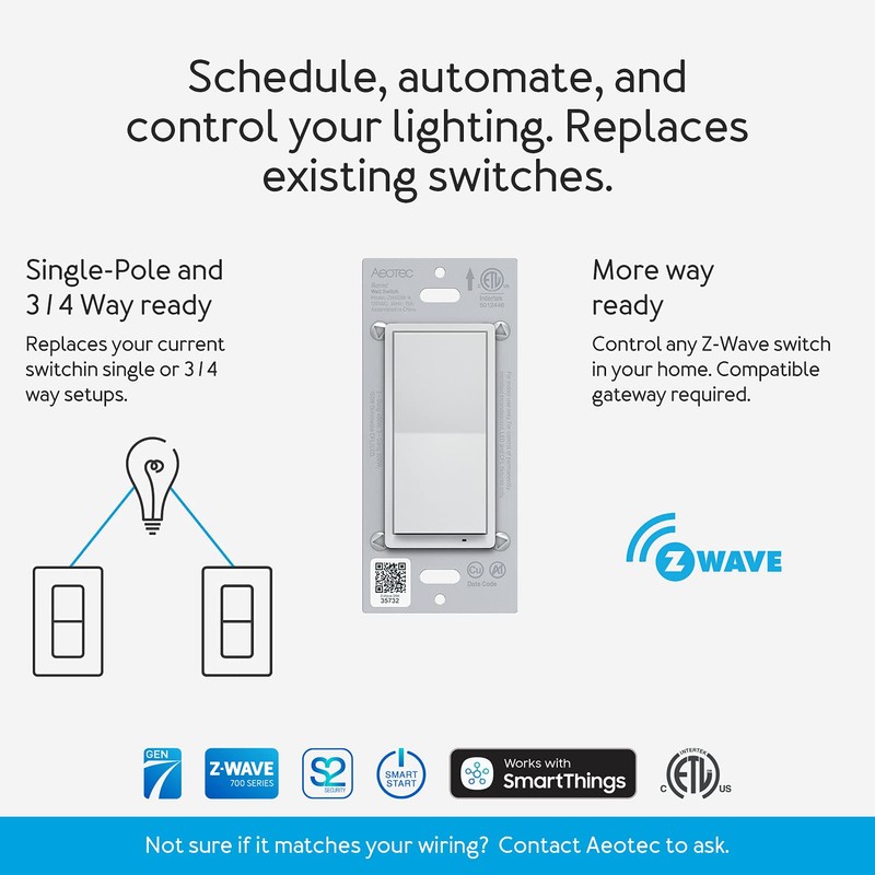 Zwave Light Switch: Aeotec Wall Switch, 3 Way, Repeater, On
