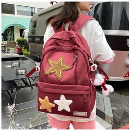 MININAI Y2k Backpack with Kawaii Pendant Aesthetic Star Backpack Cute Preppy Laptop Book Bag Back to College Supplie (Red,One Size)