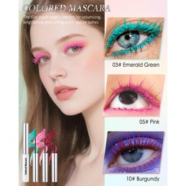 Ultra-Fine Waterproof Mascara for Short Lashes, 3 Pieces Silk Fibre Coloured Mascara Green Pink Burgundy, Extra Long Eyelashes, Highly Pigmented Mascara Long Wear Volume Charming, Makeup Set for Party