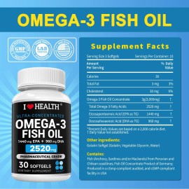 I LOVE HEALTH 3 PACK Triple Strength Omega 3 Fish Oil Supplement, 1440mg EPA, 960mg DHA,90 ct