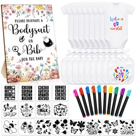 Chuarry 43 Pcs DIY Baby Bibs Decorating Kit 8 Bodysuits 8 Pcs 2 Ply White Bibs 10 Fabric Markers 16 Stencils Baby Shower Sign (Woodland Animals)