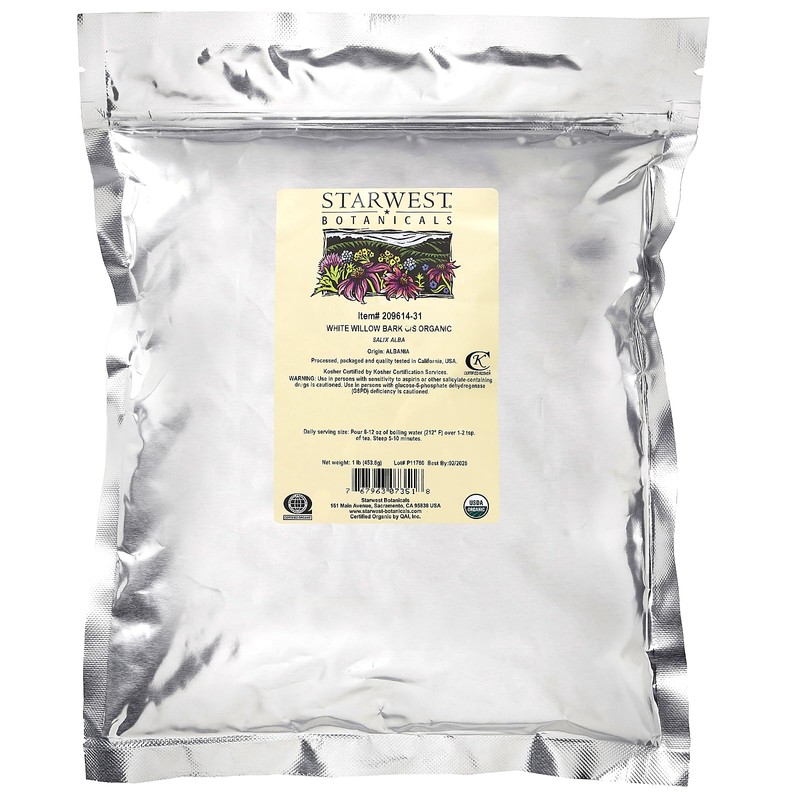 Starwest Botanicals Organic White Willow Bark, Cut & Sifted, 1