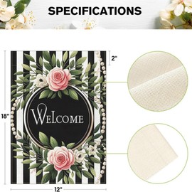 MOXDBT Welcome Spring Summer Floral Garden Flag 12x18 In, Double Sided Black and White Stripes Wreath Small Flags For Outside Outdoor Decor Yard Farmhouse Holiday Summer Spring Decorations Yard Flag