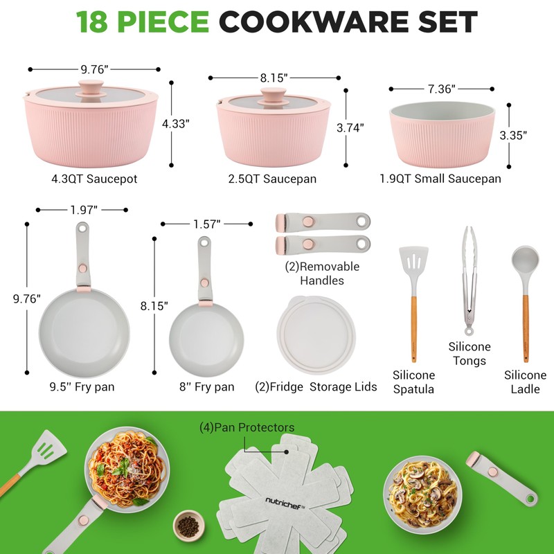 NutriChef 18-Piece Ceramic Cookware Set with Detachable Handles, Non Stick
