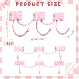 Geelin Pink Bow Wall Hooks Hanger for Towel Bag Coat Coquette Pink Bow Wall Decorative with Three Hooks Iron for Living Room Bathroom Bedroom Shower