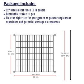 ShopLaLa Decorative Garden Fence (10 Panels) 28in(L) x 32in(H) Animal Barrier Fencing Rustproof Black Metal Wire Flower Edging for Yard Landscape, Small Dog Border No Dig Patio Outdoor Decor D-YC32