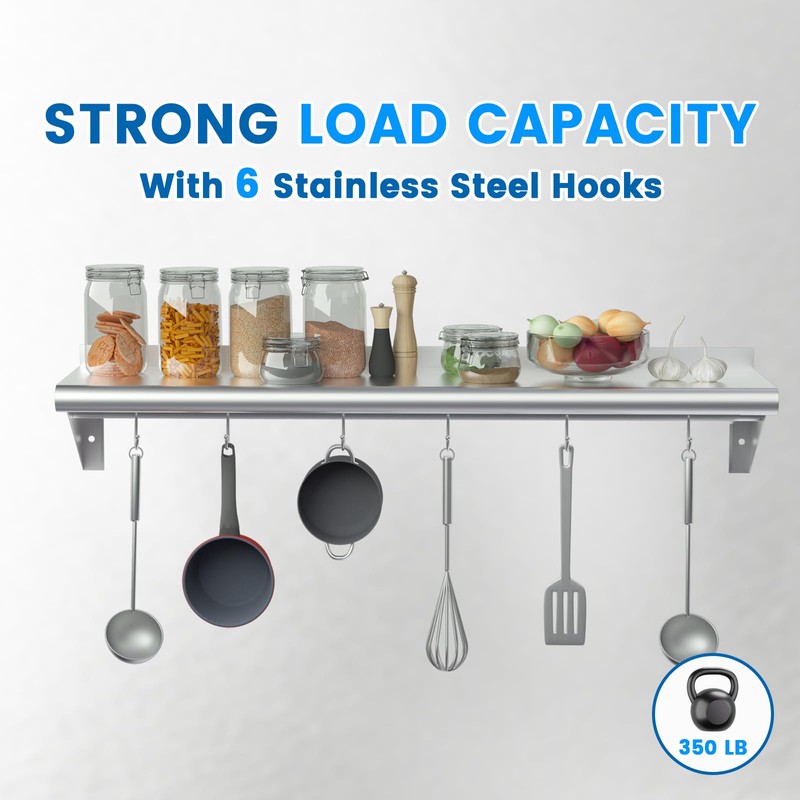 Treshin Stainless Steel Shelf with 6 Hooks 14 x 48