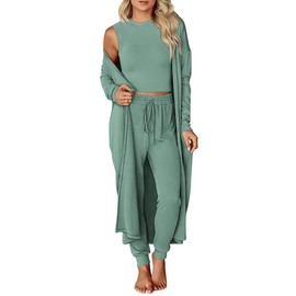 KIRUNDO Womens 3 Piece Lounge Sets Pajama Long Sleeve Lightweight Cardigan Crop Tank Top Jogger Pants 2024 Fall Outfits(Fruit Green, Large)