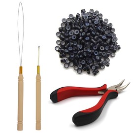EIHI Microring Haarverlängerung Set mit 1 Microring Hair Zangen 1 Stück Microring Nadel Einfädler 1 Ziehen Haken und 200 Stück Microringe für Haarverlängerung Zubehör (Schwarz)