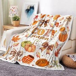 DYNH Fall Bows Throw Blanket, Fall Autumn Brown Beige Plaid Bows Maple Leaves Pumpkin Farmhouse Harvest Thanksgiving Blankets,Cozy Soft Fleece Fuzzy Throw Blanket for Bed Couch Sofa Chairs,50X60