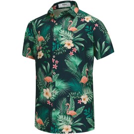 KYKU Men's Hawaiian Shirts Vacation Button Up Shirt Flamingo, Green, Medium