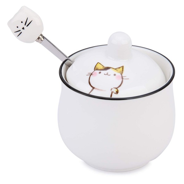 Chase Chic Small Ceramic Sugar Bowl, Porcelain Sugar Bowl with Ceramic Lid and Stainless Steel Spoon, Suit for Coffee Bar, Kitchen and Breakfast at Home, Best Gift for Cat Lovers, 240 ml (8.5 oz)