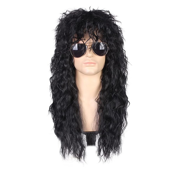 Long Curly 80s Mens Cosplay Natural Black Wavy Wigs Fashion Heavy Rocker Style Wig